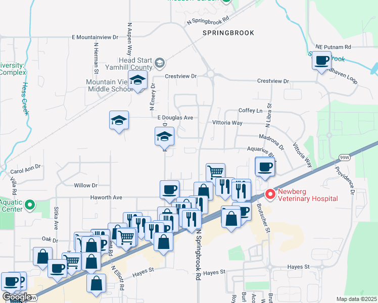 map of restaurants, bars, coffee shops, grocery stores, and more near 1401 North Springbrook Road in Newberg