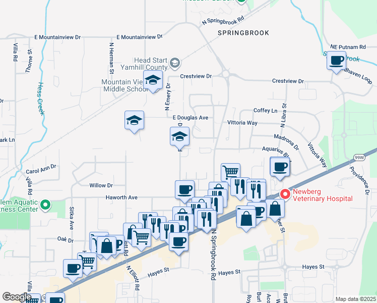map of restaurants, bars, coffee shops, grocery stores, and more near 1412 Deborah Road in Newberg