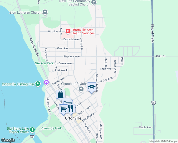 map of restaurants, bars, coffee shops, grocery stores, and more near 633 Jefferson Avenue in Ortonville