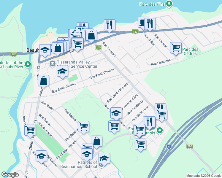 map of restaurants, bars, coffee shops, grocery stores, and more near 542 Rue Raymond in Beauharnois