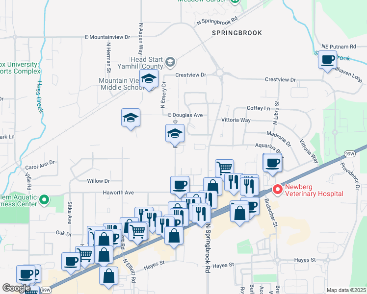 map of restaurants, bars, coffee shops, grocery stores, and more near 1412 Deborah Road in Newberg