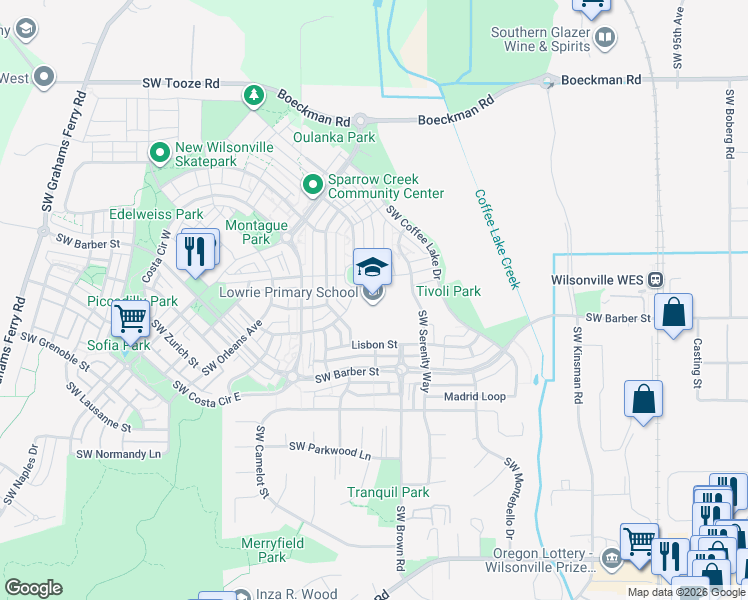 map of restaurants, bars, coffee shops, grocery stores, and more near 28995 Southwest Brown Road in Wilsonville