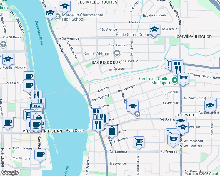 map of restaurants, bars, coffee shops, grocery stores, and more near 430 4e Rue in Saint-Jean-sur-Richelieu