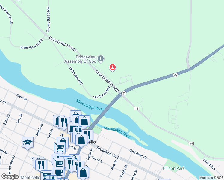 map of restaurants, bars, coffee shops, grocery stores, and more near 20445 187th Avenue in Big Lake