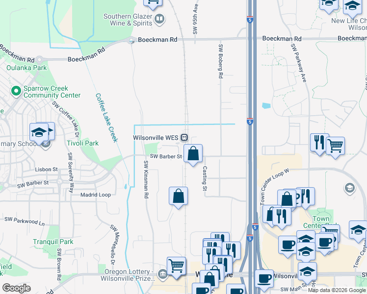 map of restaurants, bars, coffee shops, grocery stores, and more near 9699 Southwest Barber Street in Wilsonville