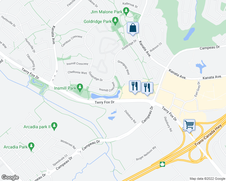 map of restaurants, bars, coffee shops, grocery stores, and more near 23 Insmill Crescent in Ottawa