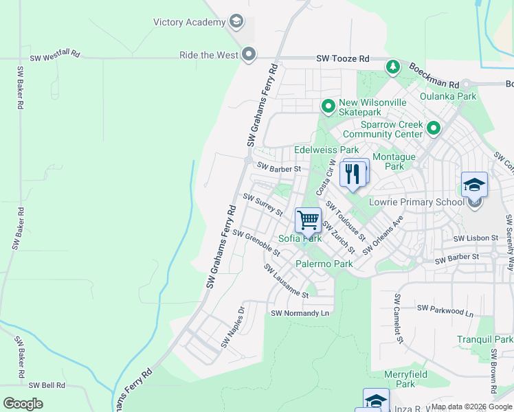 map of restaurants, bars, coffee shops, grocery stores, and more near 12026 Southwest Surrey Street in Wilsonville