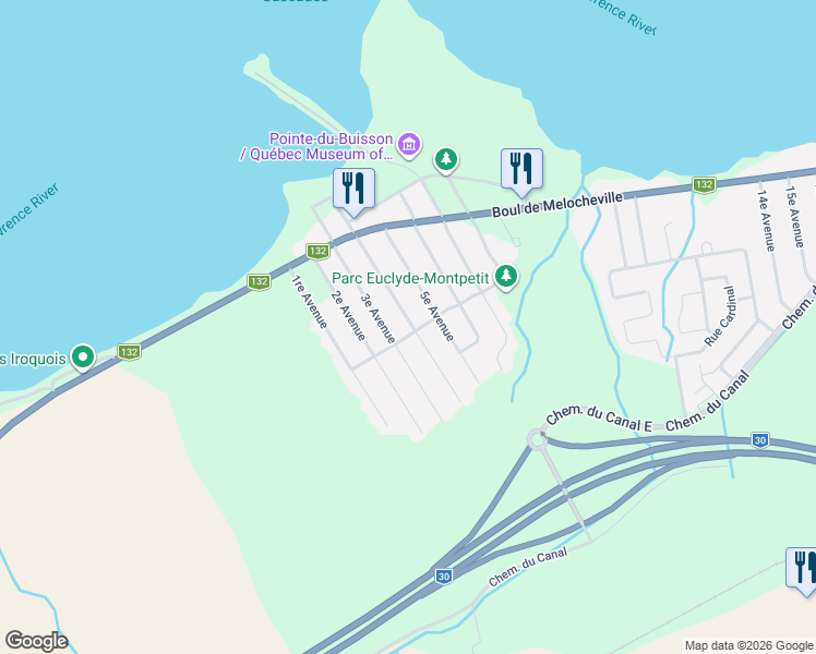 map of restaurants, bars, coffee shops, grocery stores, and more near 42 4e Avenue in Beauharnois