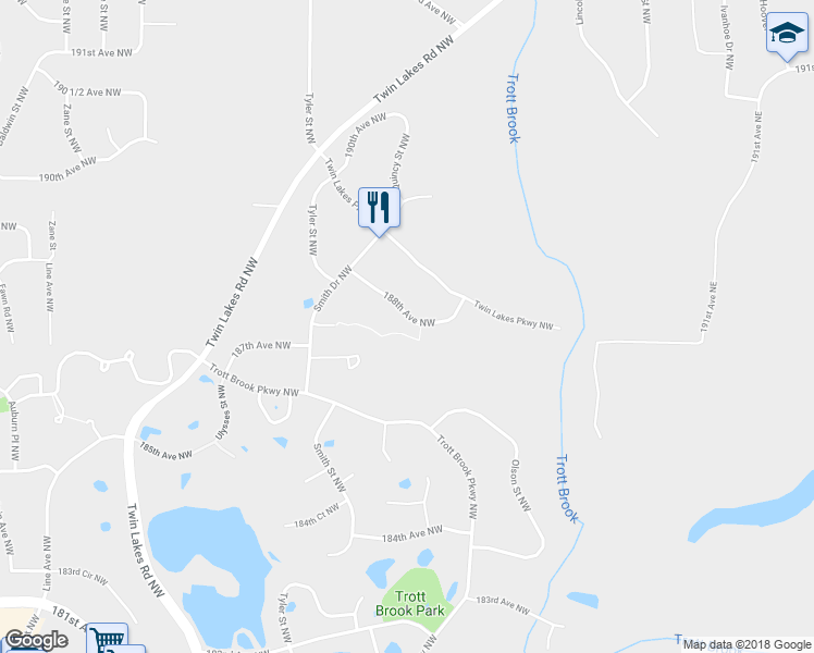 map of restaurants, bars, coffee shops, grocery stores, and more near 10646 188th Avenue Northwest in Elk River