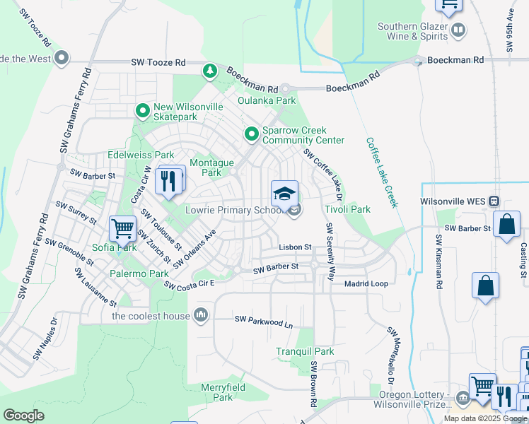 map of restaurants, bars, coffee shops, grocery stores, and more near 10995 Southwest Saint Moritz Loop in Wilsonville