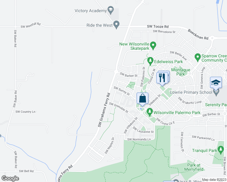 map of restaurants, bars, coffee shops, grocery stores, and more near 29029 Southwest San Remo Avenue in Wilsonville