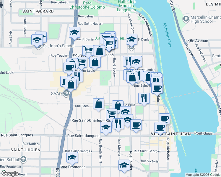 map of restaurants, bars, coffee shops, grocery stores, and more near 367 Rue Collin in Saint-Jean-sur-Richelieu