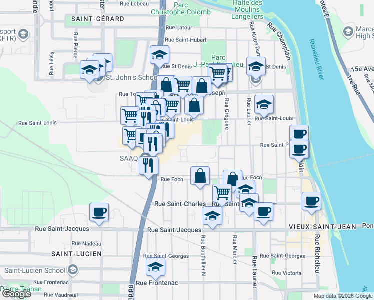 map of restaurants, bars, coffee shops, grocery stores, and more near 210 Rue Saint-Paul in Saint-Jean-sur-Richelieu