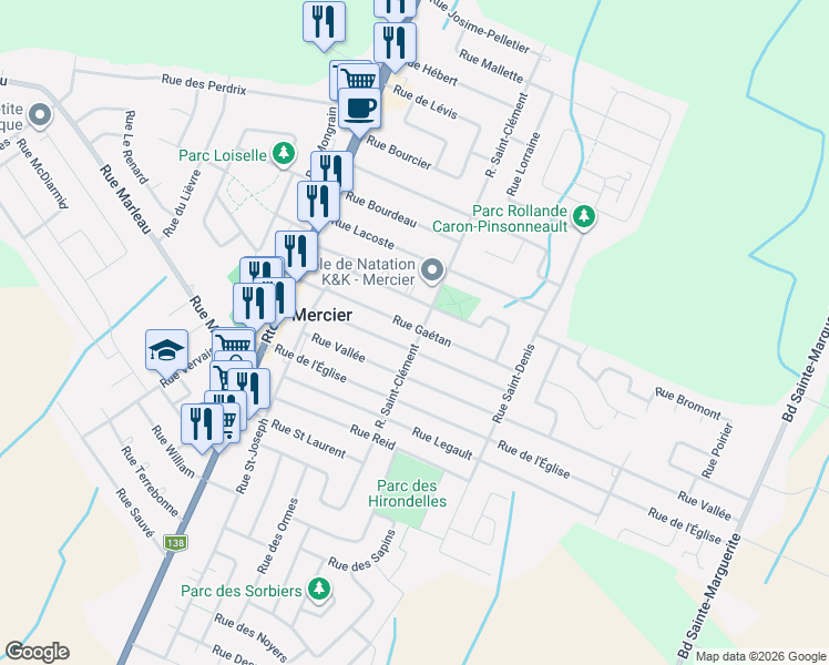 map of restaurants, bars, coffee shops, grocery stores, and more near 26 Rue Gaétan in Mercier