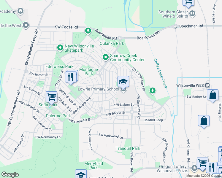 map of restaurants, bars, coffee shops, grocery stores, and more near 28930 Southwest Geneva Loop in Wilsonville