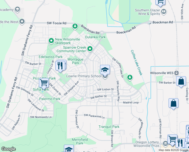 map of restaurants, bars, coffee shops, grocery stores, and more near 10995 Southwest Saint Moritz Loop in Wilsonville