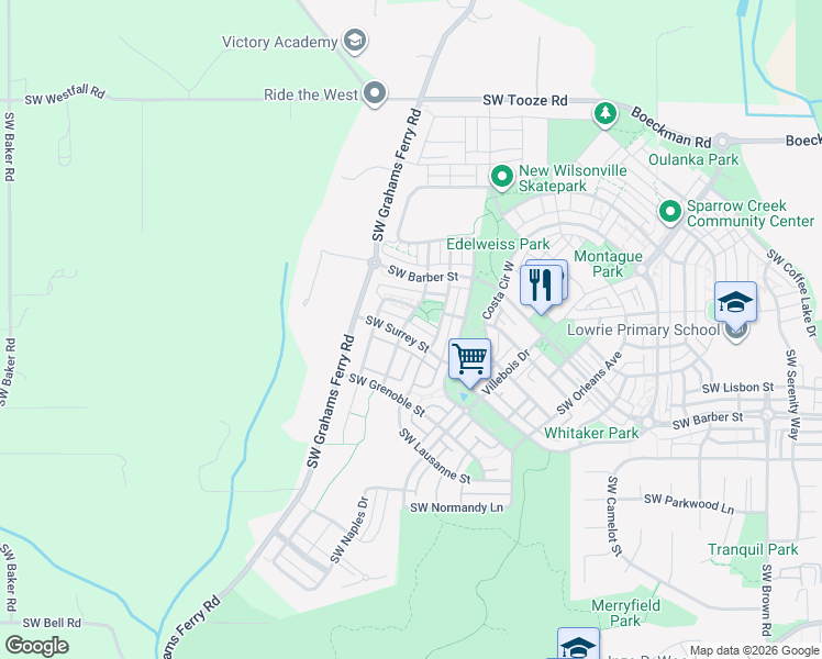 map of restaurants, bars, coffee shops, grocery stores, and more near 12002 Southwest Surrey Street in Wilsonville