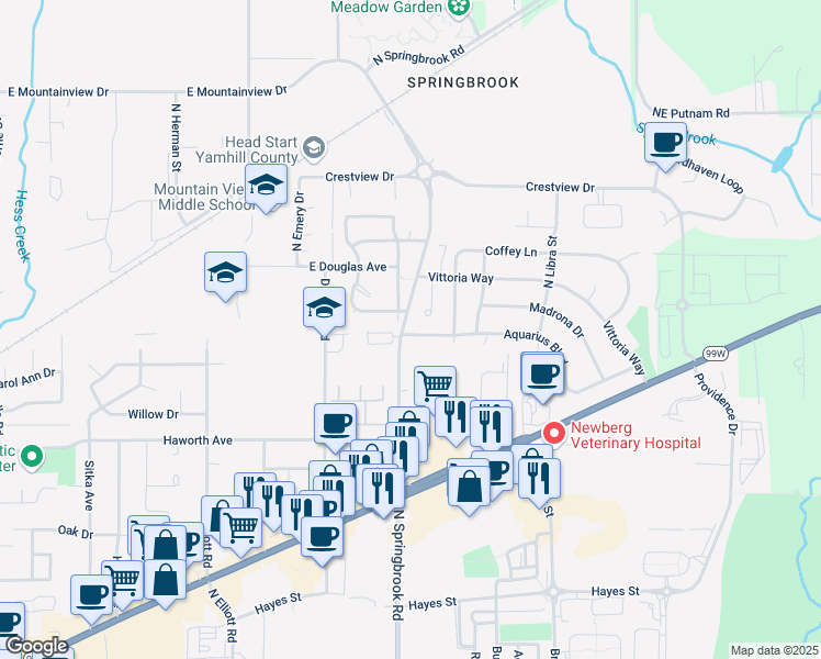map of restaurants, bars, coffee shops, grocery stores, and more near 3204A Aquarius Boulevard in Newberg