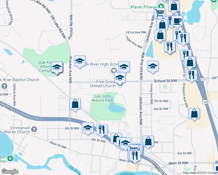 map of restaurants, bars, coffee shops, grocery stores, and more near 1001 School Street Northwest in Elk River