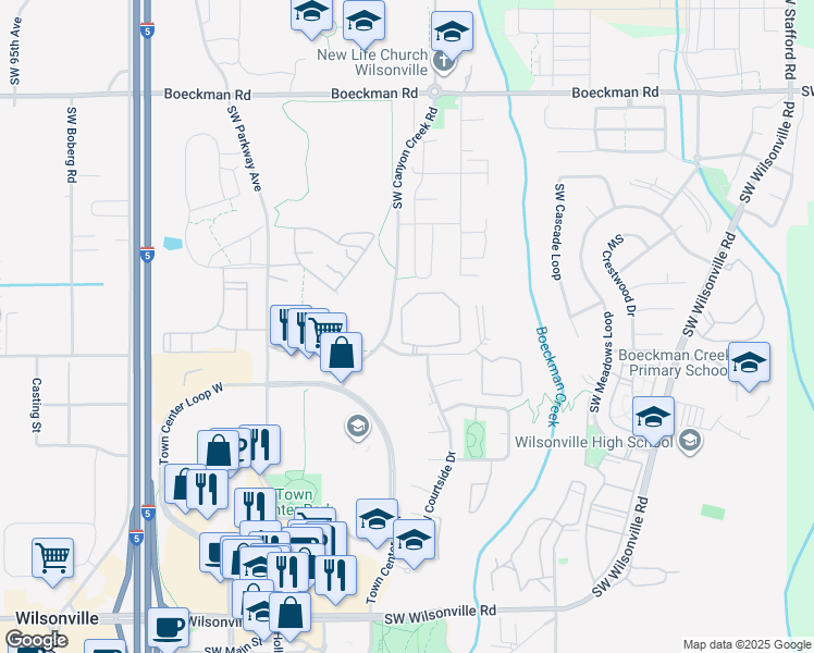 map of restaurants, bars, coffee shops, grocery stores, and more near 7885 Southwest Vlahos Drive in Wilsonville