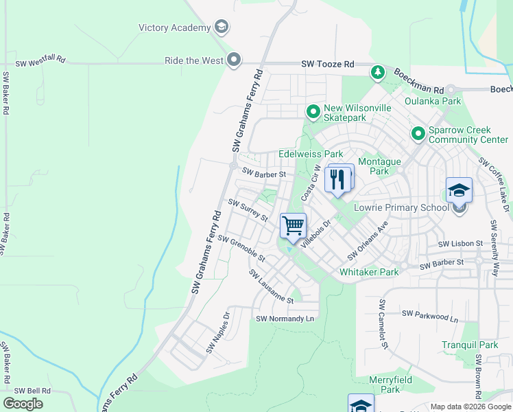 map of restaurants, bars, coffee shops, grocery stores, and more near 12002 Southwest Surrey Street in Wilsonville