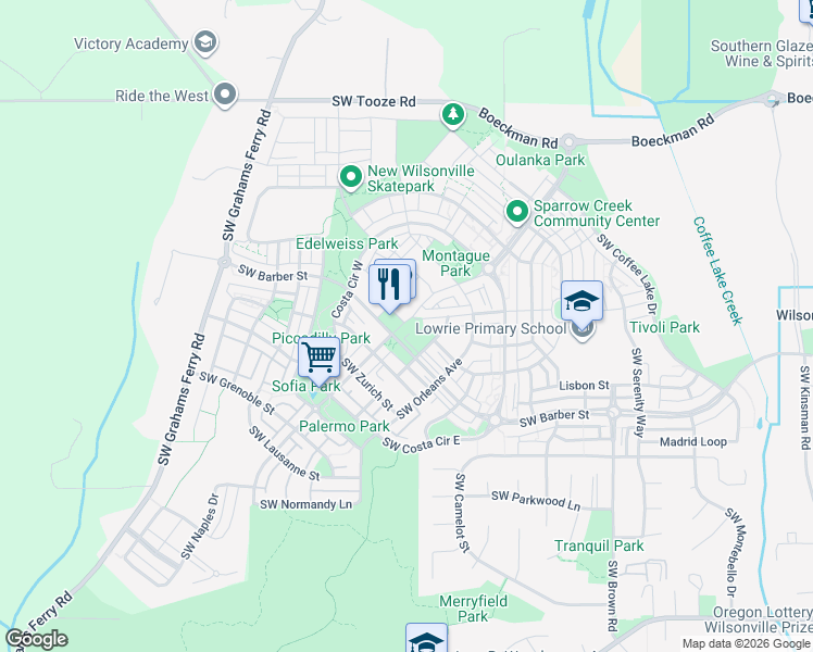 map of restaurants, bars, coffee shops, grocery stores, and more near in Wilsonville