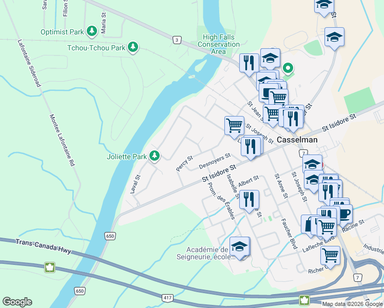 map of restaurants, bars, coffee shops, grocery stores, and more near 34 Percy Street in Casselman