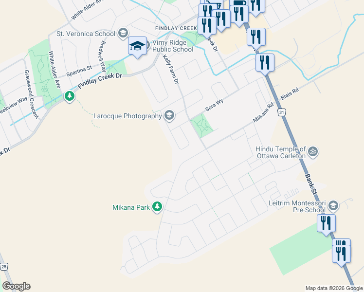 map of restaurants, bars, coffee shops, grocery stores, and more near 182 Helen Rapp Way in Ottawa