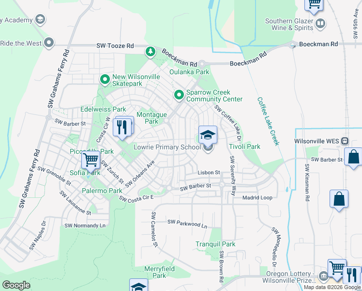 map of restaurants, bars, coffee shops, grocery stores, and more near 29232 Southwest Costa Circle East in Wilsonville