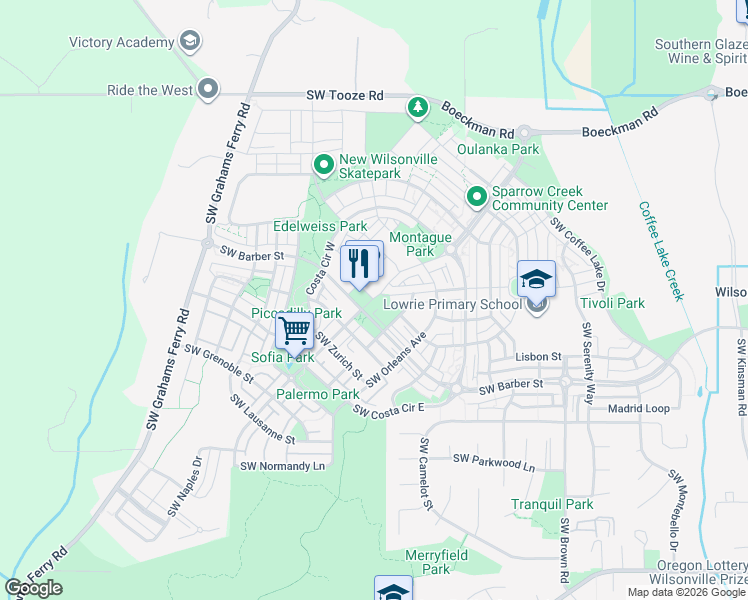 map of restaurants, bars, coffee shops, grocery stores, and more near in Wilsonville