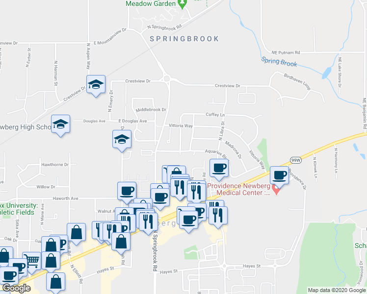 map of restaurants, bars, coffee shops, grocery stores, and more near 1408 Coffey Lane in Newberg