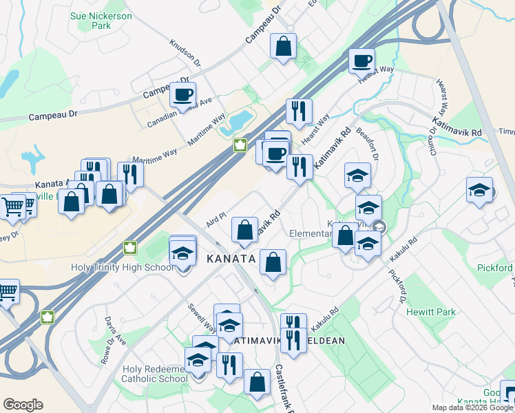 map of restaurants, bars, coffee shops, grocery stores, and more near 10 Jackman Terrace in Ottawa