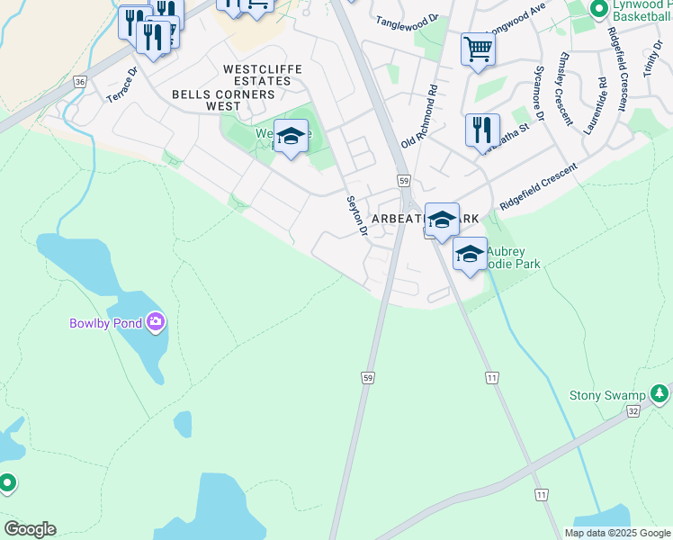 map of restaurants, bars, coffee shops, grocery stores, and more near Forester Crescent in Ottawa