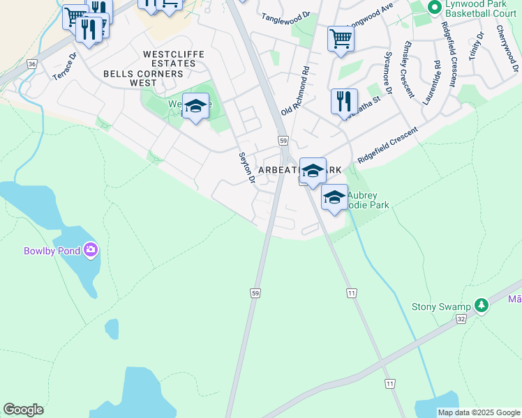map of restaurants, bars, coffee shops, grocery stores, and more near 12 Forester Crescent in Ottawa