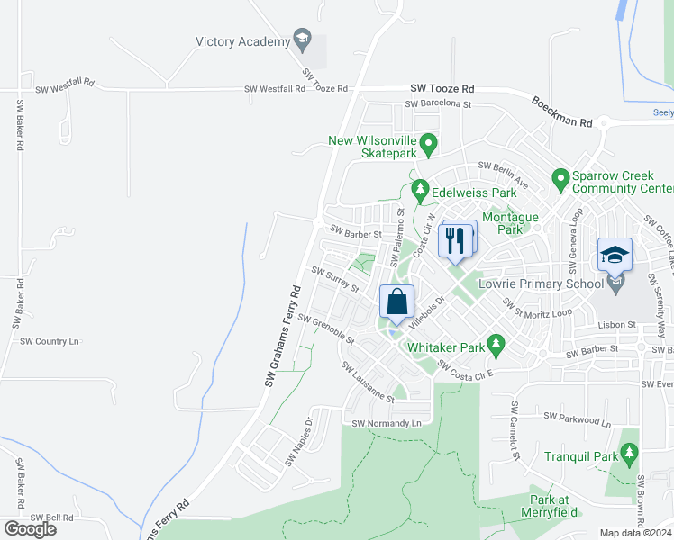 map of restaurants, bars, coffee shops, grocery stores, and more near 12025 Southwest Surrey Street in Wilsonville