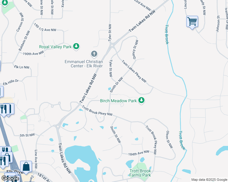 map of restaurants, bars, coffee shops, grocery stores, and more near 18743 Smith Drive Northwest in Elk River