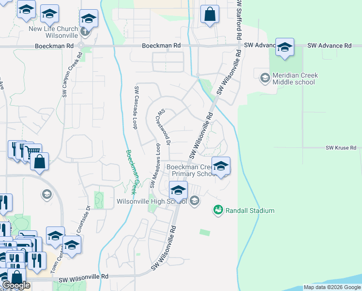 map of restaurants, bars, coffee shops, grocery stores, and more near 7062 Southwest Glenwood Court in Wilsonville