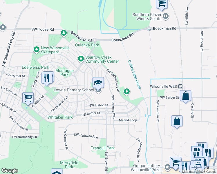 map of restaurants, bars, coffee shops, grocery stores, and more near 28746 Southwest Serenity Way in Wilsonville