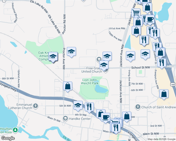 map of restaurants, bars, coffee shops, grocery stores, and more near 1000 School Street Northwest in Elk River
