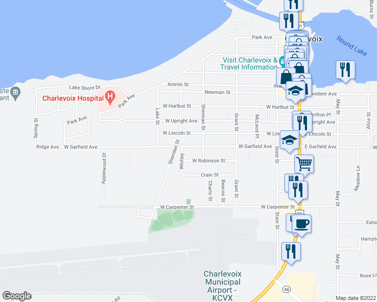 map of restaurants, bars, coffee shops, grocery stores, and more near 700-798 Sherman St in Charlevoix