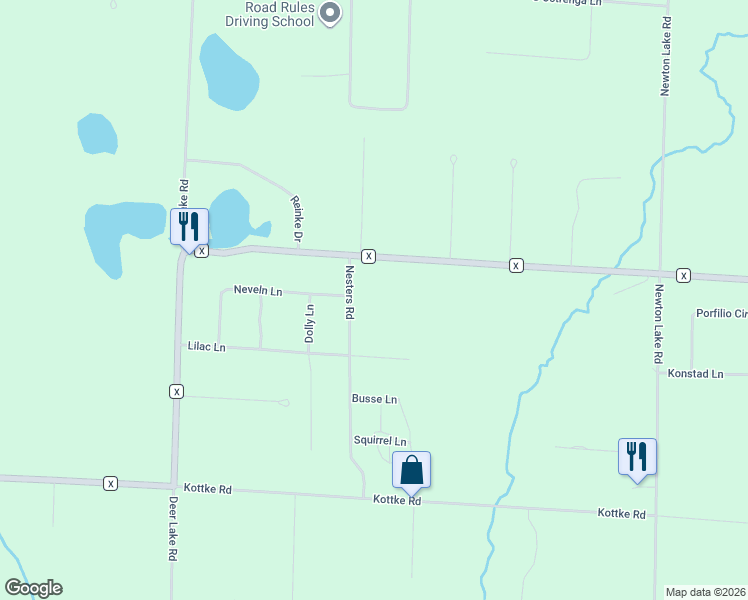 map of restaurants, bars, coffee shops, grocery stores, and more near N9656 Nesters Road in Crivitz