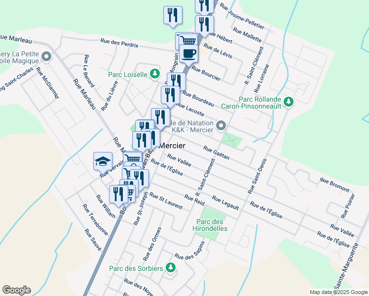 map of restaurants, bars, coffee shops, grocery stores, and more near 9 Rue Yolande in Mercier