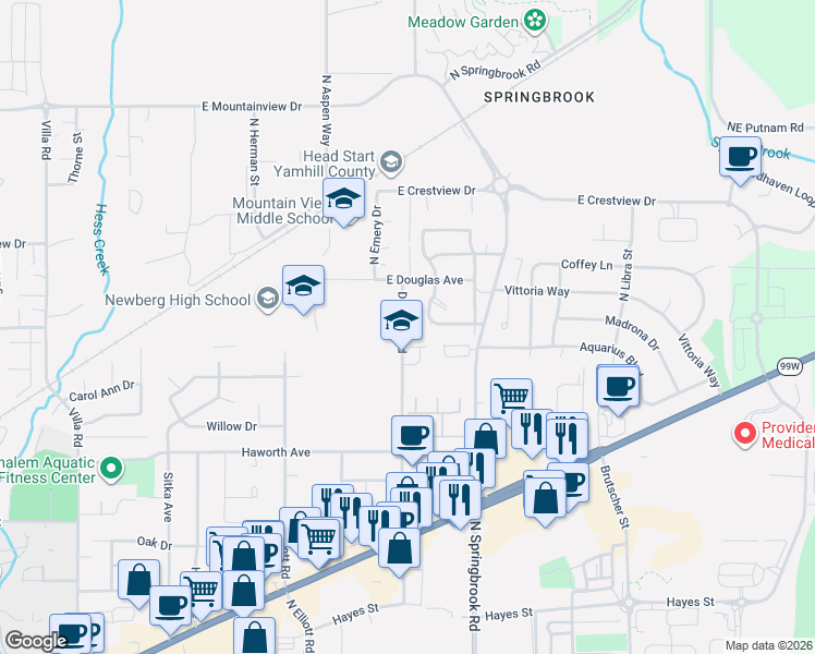map of restaurants, bars, coffee shops, grocery stores, and more near 1510 Deborah Road in Newberg