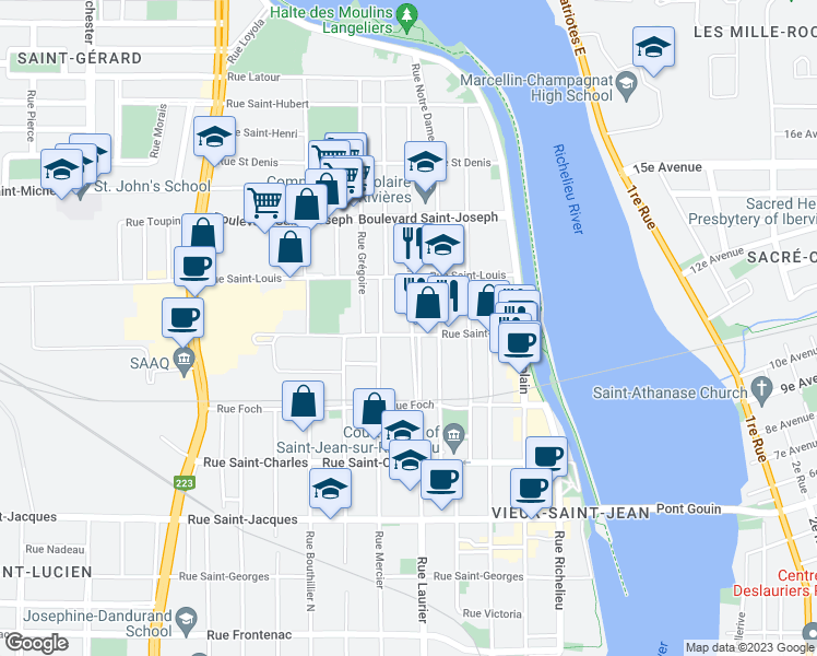 map of restaurants, bars, coffee shops, grocery stores, and more near 372 Rue Laurier in Saint-Jean-sur-Richelieu