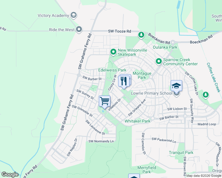 map of restaurants, bars, coffee shops, grocery stores, and more near 28931 Southwest Costa Circle West in Wilsonville