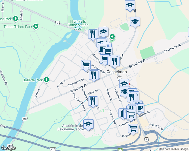 map of restaurants, bars, coffee shops, grocery stores, and more near 728 Laval Street in Casselman