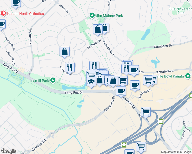 map of restaurants, bars, coffee shops, grocery stores, and more near 137 Hemlo Crescent in Ottawa