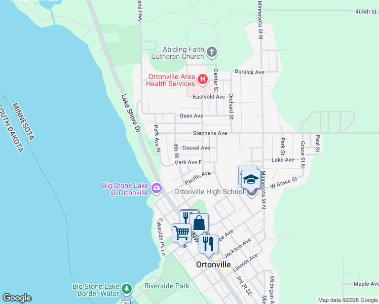 map of restaurants, bars, coffee shops, grocery stores, and more near 429 Dassel Avenue in Ortonville