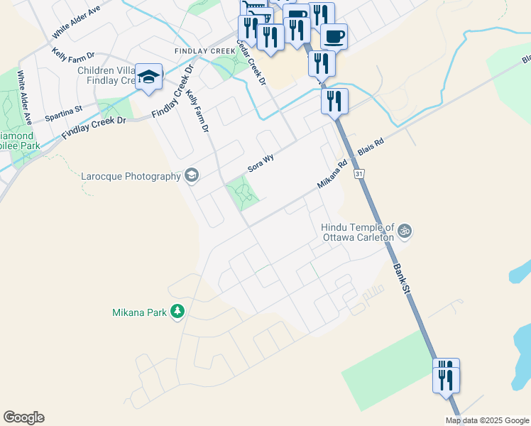 map of restaurants, bars, coffee shops, grocery stores, and more near 823 Miikana Road in Ottawa