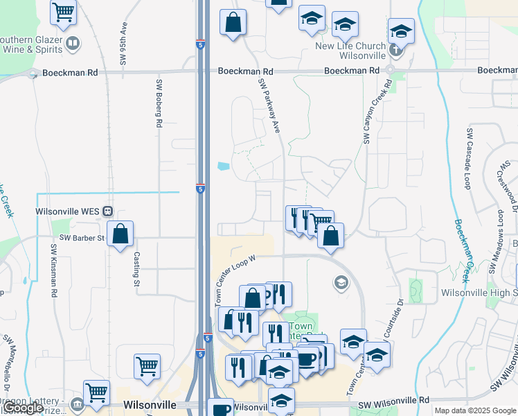 map of restaurants, bars, coffee shops, grocery stores, and more near 8550 Southwest Ash Meadows Road in Wilsonville